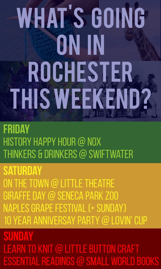 UpdegraffMgmt's tweet photo. What's going on in #RochesterNY this #Weekend? #ROC @NoxCocktail @Swiftwaterbeer @TheLittleRoch #OnTheTown #GiraffeDay @SenecaParkZoo #NaplesGrapeFest @lovincupROC @RITtigers #LittleButtonCraft #Knitting #LearnToKnit #SmallWorldBooks #BookClub ๐ป๐น๐ค๐ญ๐ป๐๏ธ๐ฆ๐๐ฅง๐๐งถ๐ https://t.co/ZSfOlirUvz