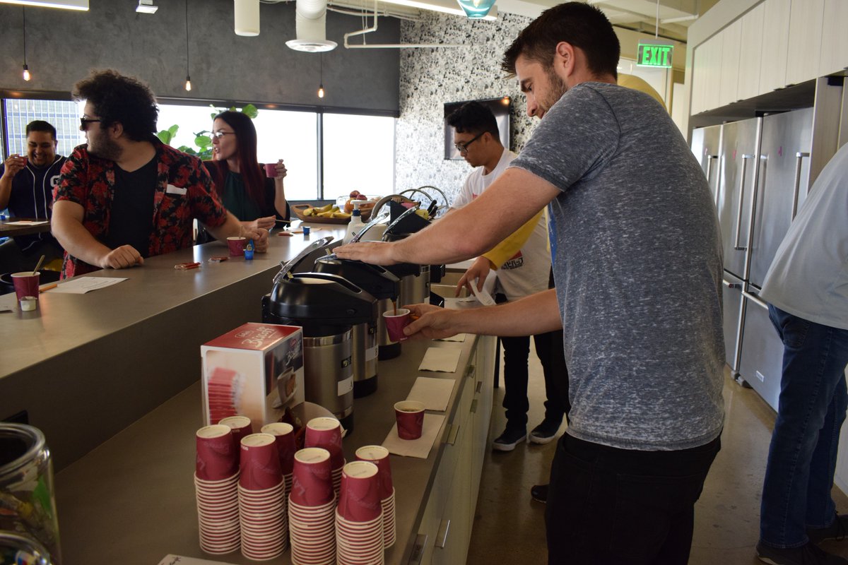 MindTouch's tweet photo. Did somebody say #NationalCoffeeDay?! ☕️

#FlashbackFriday to our coffee tasting with @CoffeeAmbInc! We've got some great flavors in our kitchen thanks to the blind taste test they provided! https://t.co/Vhyt8Lhsfh
