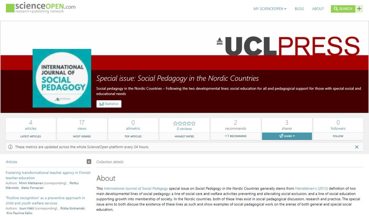Science_Open's tweet photo. This just came out today: ‘Special issue: Social Pedagogy in the Nordic Countries’ a @UCLpress Special Issue collection on #ScienceOpen: https://t.co/cx7eAcXSnH #sppaconf2018 #pedagogy #socialcare #socialwelfare #socialeducation #NordicEducation https://t.co/6mw3dfYI6M