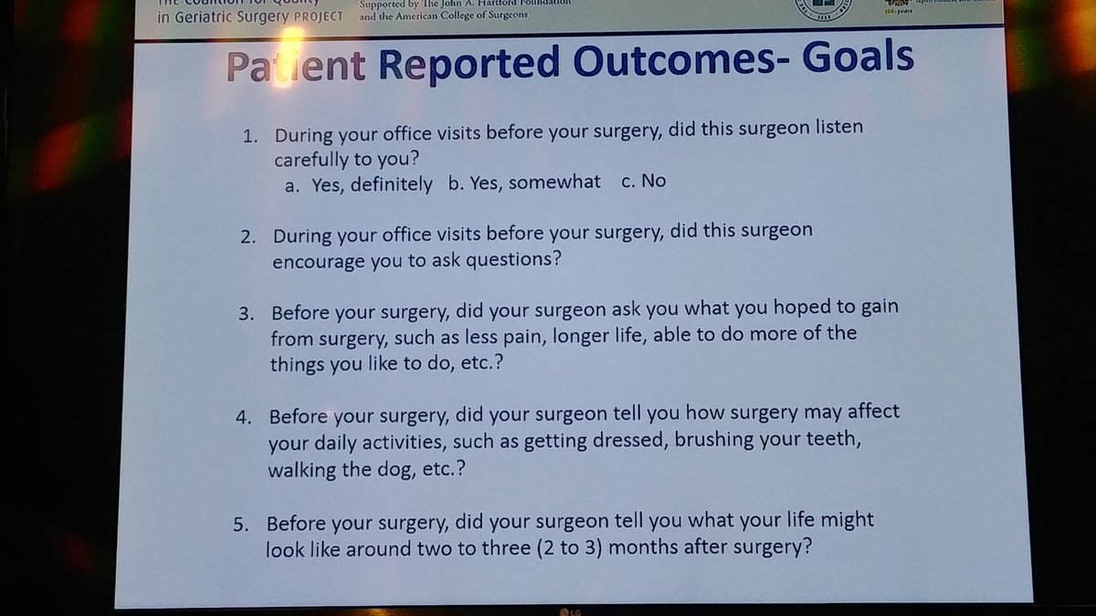 LeeLindquistMD's tweet photo. Surgeons should think about these: Patient Reported Outcomes for Geriatric Surgery Quality. #geriatrics #cqgs @AmCollSurgeons @johnahartford @AmerGeriatrics https://t.co/dr0eZRqLL4