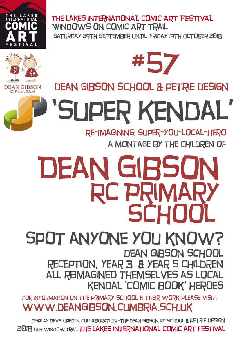 PETRIEDESIGN's tweet photo. @DeanGibsonRC @comicartfest @ComicArtFestPod Local comic book hero themed 'Super Kendal' montage by #DeanGibsonRCPrimarySchool reception, yr 3 & yr 5 -inspired by @thatlukeperson #Hilda books + our local buildings & landscapes #windowstrail #57 Well done! https://t.co/BGl3FAXIJT https://t.co/FFScUhQw90