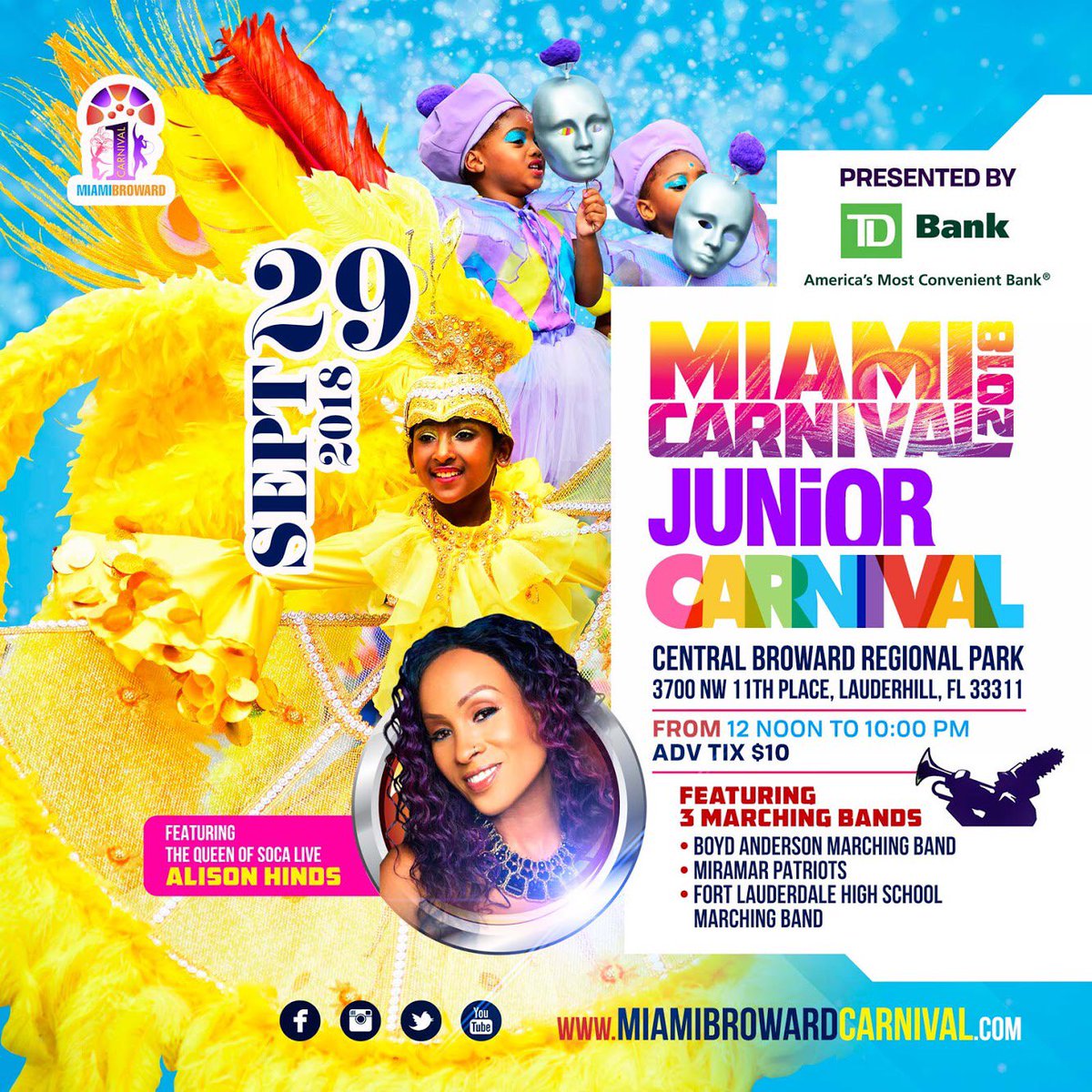 MIABROCARNIVAL's tweet photo. Tomorrow we celebrate with the kids! You can still get tickets for #JrCarnival presented by @TDBank_US! Meet us at Central Broward Regional Park to enjoy the festivities. https://t.co/RF7XUOStUF