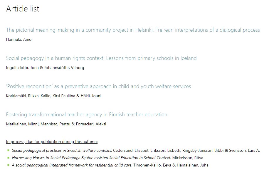 Science_Open's tweet photo. This just came out today: ‘Special issue: Social Pedagogy in the Nordic Countries’ a @UCLpress Special Issue collection on #ScienceOpen: https://t.co/cx7eAcXSnH #sppaconf2018 #pedagogy #socialcare #socialwelfare #socialeducation #NordicEducation https://t.co/6mw3dfYI6M