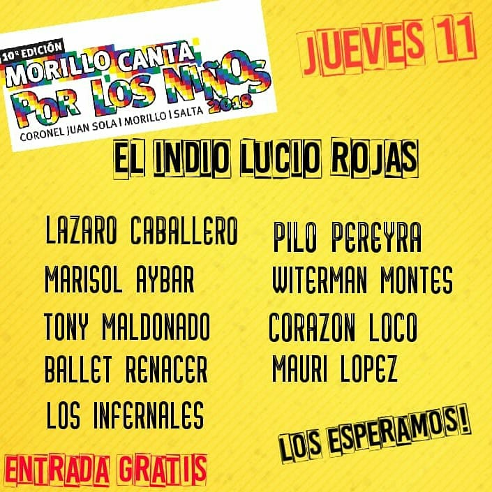 chymatacos's tweet photo. 🔊Hoy es #viernes de buenas noticias! 
📰Aquí la cartelera completa de la 10° edición 
"MORILLO CANTA POR LOS NIÑOS" 
Te esperamos del 11 al 14 de Octubre
📌Coronel Juan Sola - Morillo (Salta) Arg @CadenaMaxima @Cadena3Com @R10Salta @RadioSaltaAM840 @laguitarreada @FolkloreCLUB https://t.co/TL5RH5r7BE