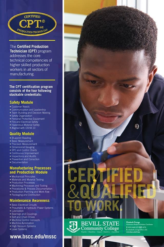 NWAlabamaEDA's tweet photo. Become a Certified Production Technician (CPT). This is a FREE 8-week program. Classes begin in Jasper on 10/1, Hamilton on 10/2, and Fayette on 10/3. Classes meet weekly from 5:00pm to 9:00pm. To register, contact Elizabeth Owings at elizabeth.owings@bscc.edu. https://t.co/tQahZ28MZC