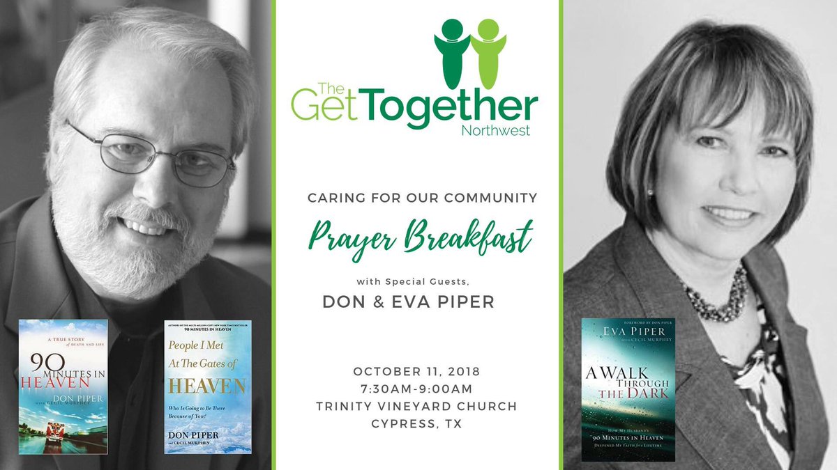 GetTogetherNWH's tweet photo. Join us for a Prayer Breakfast on Thursday, October 11, 2018 from 7:30am-9:00am with special guests and authors, Don &amp; Eva Piper.

#90minutesinheaven #awalkthroughthedark #peopleimetatthegatesofheaven

Register here:

https://t.co/oqLsMOyHkx https://t.co/eAWHUZDM2s