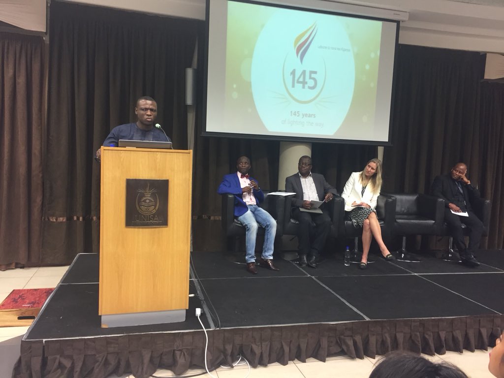 RLC_SAfrica's tweet photo. Mr. Adebayo Okeowo giving congratulatory message on behalf of @YALI_SAfrica Partners. Adebayo is Advocacy Coordinator at Centre for Human Rights at University of  Pretoria #YALIGraduations #YALICohort15 @UNISA https://t.co/o84WUa6cBE
