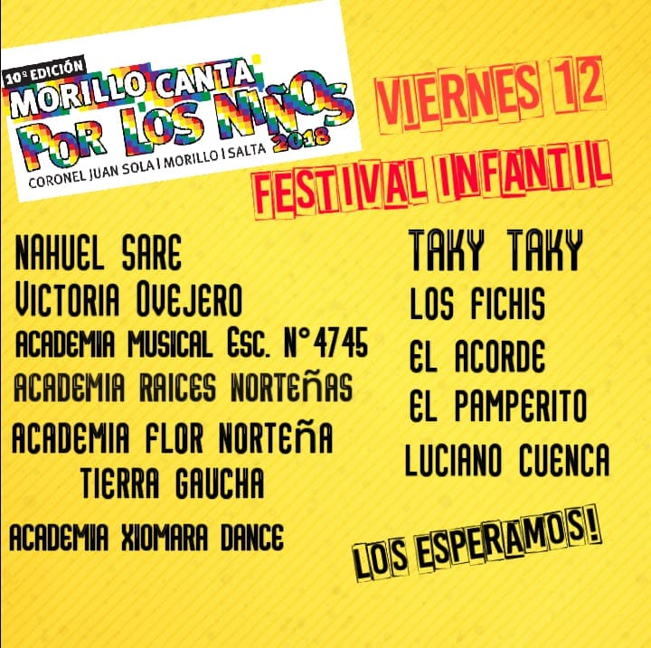 chymatacos's tweet photo. 🔊Hoy es #viernes de buenas noticias! 
📰Aquí la cartelera completa de la 10° edición 
"MORILLO CANTA POR LOS NIÑOS" 
Te esperamos del 11 al 14 de Octubre
📌Coronel Juan Sola - Morillo (Salta) Arg @CadenaMaxima @Cadena3Com @R10Salta @RadioSaltaAM840 @laguitarreada @FolkloreCLUB https://t.co/TL5RH5r7BE