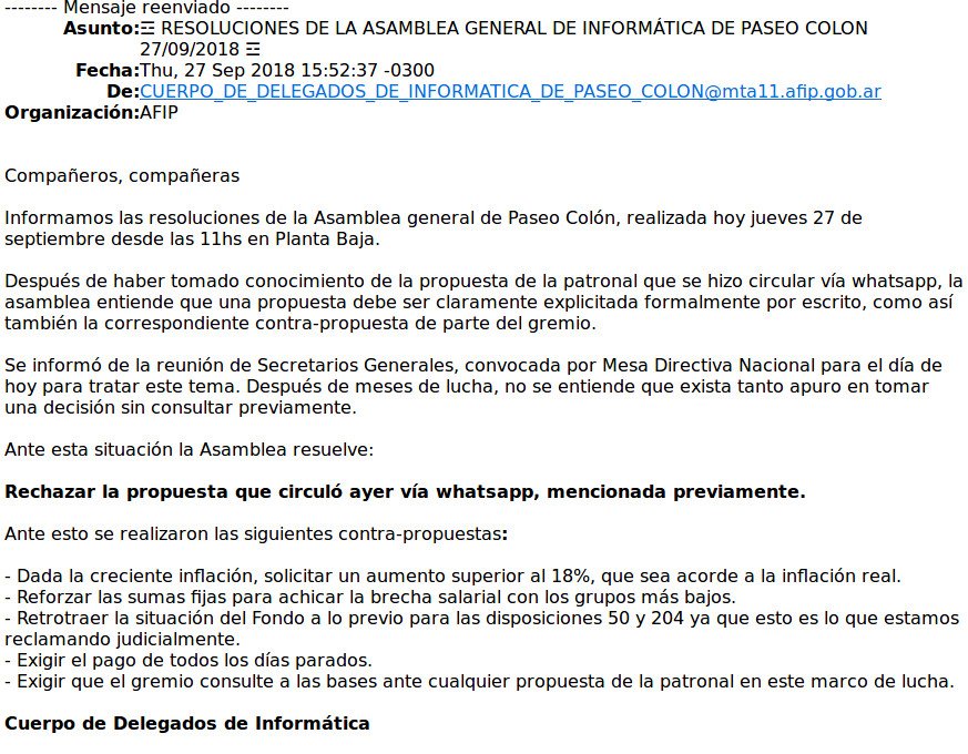 #Noalrecortesalarial #NoAlAjusteEnAFIP #AjusteEnAfip #AFIP
@aefipc <a href="/AEFIPBahia/">AEFIP Bahía Blanca</a> <a href="/AfipCpo/">Cpo. Delegados Informática AEFIP</a> @PrensaAEFIP