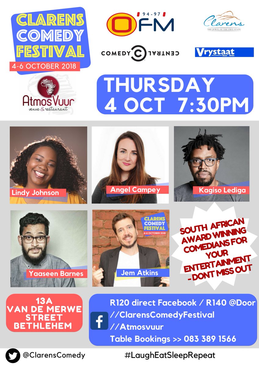 ComedyCentralAF's tweet photo. Chilling in the Free State? ππ
Come join us for a laughter-filled π weekend at the Clarens Comedy Festival from 4 β 6 October! Get your tickets β‘ https://t.co/GsYmpGaSh9 #LaughEatSleepRepeat @ClarensComedy @Ya_a_seen_Him @JemAtkins @Lindyyay @YesReallyAngel @KagisoLediga https://t.co/FxPfm94ZZy