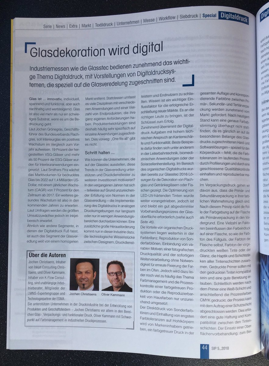 The <a href="/LMNS_Experts/">LMNS</a> and <a href="/ESMA_Print/">ESMA</a> technology partners <a href="/OliverKammann/">Oliver Kammann</a>  and <a href="/JochChrist_IJC/">jochen christiaens</a> have contributed to SIP Magazin with an article about digital glass decoration. More at: sip-online.de #digital #printing
