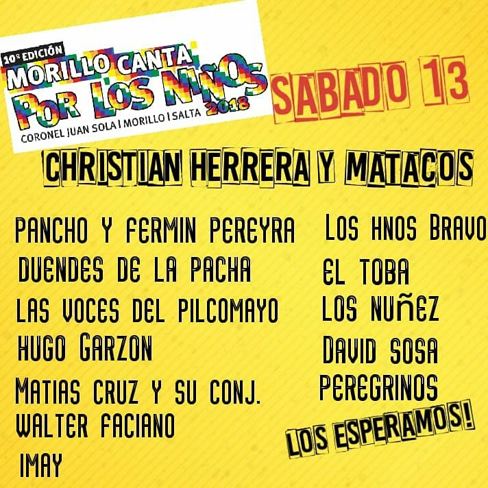 chymatacos's tweet photo. 🔊Hoy es #viernes de buenas noticias! 
📰Aquí la cartelera completa de la 10° edición 
"MORILLO CANTA POR LOS NIÑOS" 
Te esperamos del 11 al 14 de Octubre
📌Coronel Juan Sola - Morillo (Salta) Arg @CadenaMaxima @Cadena3Com @R10Salta @RadioSaltaAM840 @laguitarreada @FolkloreCLUB https://t.co/TL5RH5r7BE