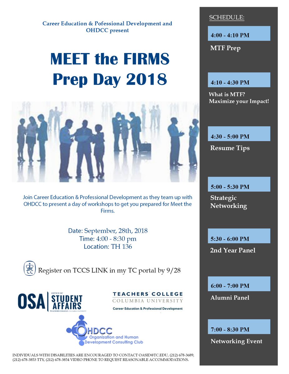 TCnextoffice's tweet photo. #MeetTheFirms is quickly approaching! Come to our Prep Day and learn how to maximize your time at the event, TODAY @ 4pm. #TCStudents #workthenetwork #HireTC @TeachersCollege @TC_OSA https://t.co/i9V8Z6izlU