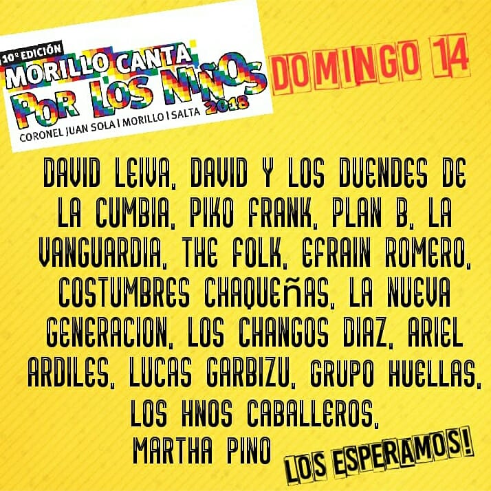 chymatacos's tweet photo. 🔊Hoy es #viernes de buenas noticias! 
📰Aquí la cartelera completa de la 10° edición 
"MORILLO CANTA POR LOS NIÑOS" 
Te esperamos del 11 al 14 de Octubre
📌Coronel Juan Sola - Morillo (Salta) Arg @CadenaMaxima @Cadena3Com @R10Salta @RadioSaltaAM840 @laguitarreada @FolkloreCLUB https://t.co/TL5RH5r7BE