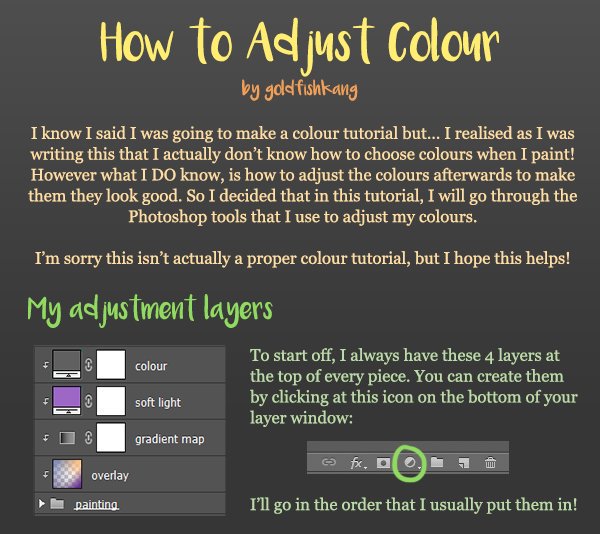 goldfishkang's tweet image. I made a tutorial on colours! I&apos;M SORRY IT&apos;S SO WORDY 😭 TLDR; Idk how to choose colours so I slap a bunch of adjustment layers on top to make it work. Thank you guys for asking me about my process though, I&apos;m really happy to share it 🌈💛