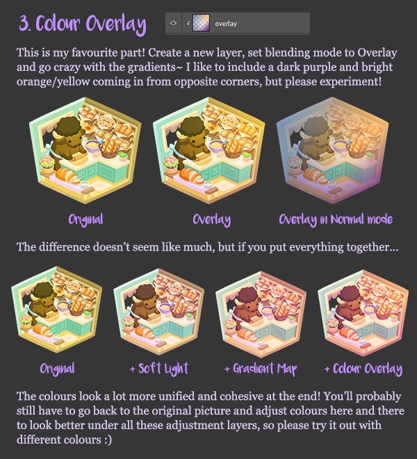 goldfishkang's tweet image. I made a tutorial on colours! I&apos;M SORRY IT&apos;S SO WORDY 😭 TLDR; Idk how to choose colours so I slap a bunch of adjustment layers on top to make it work. Thank you guys for asking me about my process though, I&apos;m really happy to share it 🌈💛