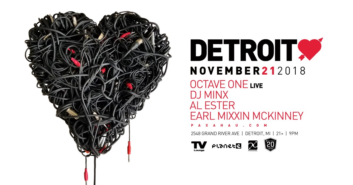 paxahau's tweet photo. ♥️JUST ANNOUNCED♥️ Detroit Love Thanksgiving Eve edition with @octaveone live, @WomenOnWax, #AlEster and @emixxin313 on Wednesday November 21 at TV Lounge🎉Tickets on sale now➡ https://t.co/tkVtPSIGpO https://t.co/H9slhnz0uk