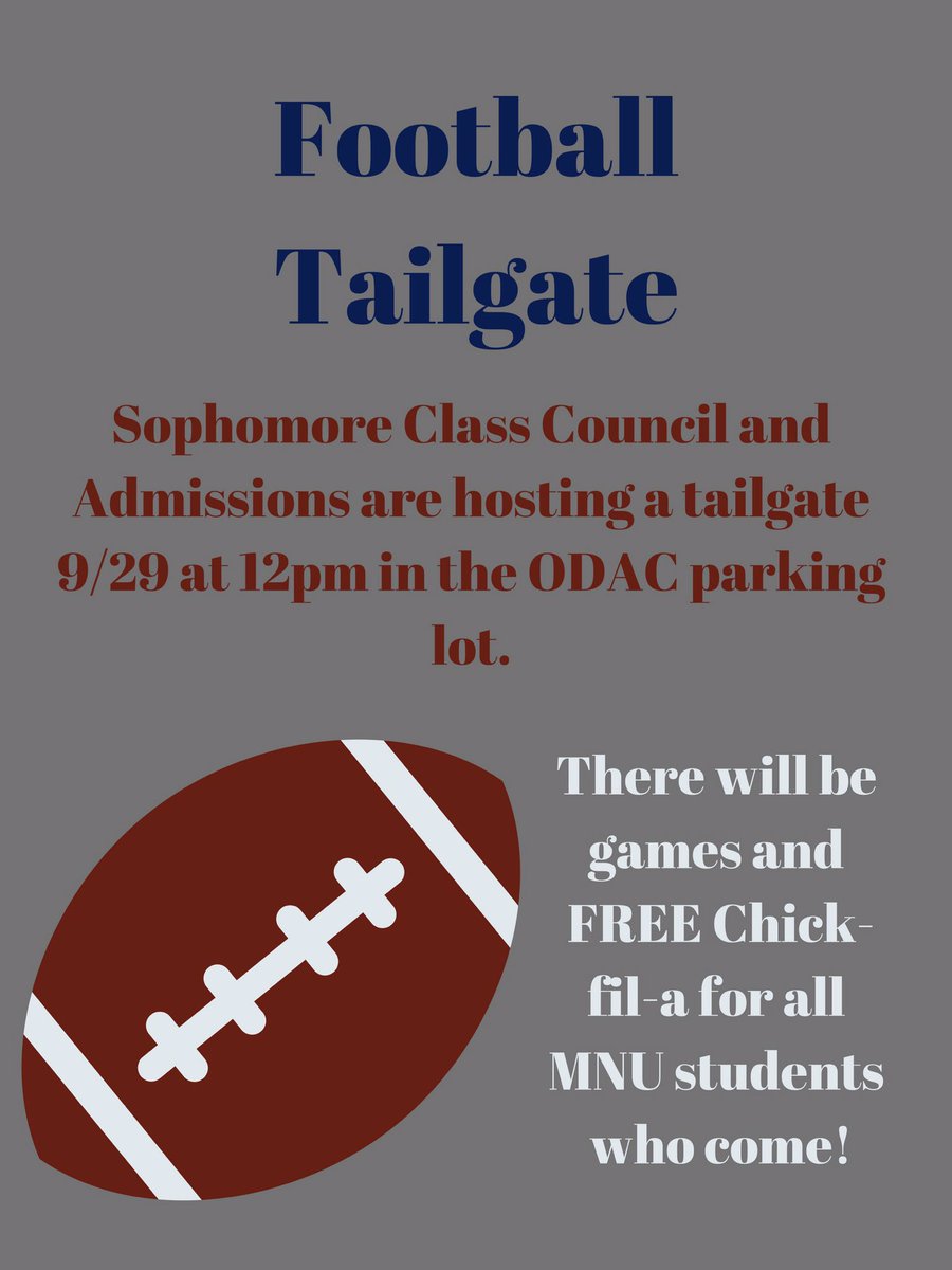 MNUASG's tweet photo. Hey Pioneers! This Saturday at 12pm the sophomore class is putting on a tailgate before the football game at ODAC. Be sure to go get some free Chick-Fil-A and support the football team afterwards!! https://t.co/WRkg3M8a1S