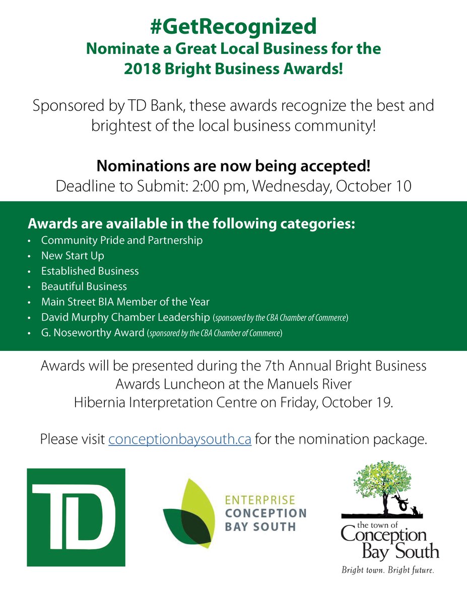 TownofCBS's tweet image. BRIGHT BUSINESS AWARDS - Sponsored by TD Bank, these awards recognize the best and brightest in our local business community! Nominations now open. Deadline is 2PM, Wed, October 10. Full details - ow.ly/9H0s30lYFmU #GetRecognized