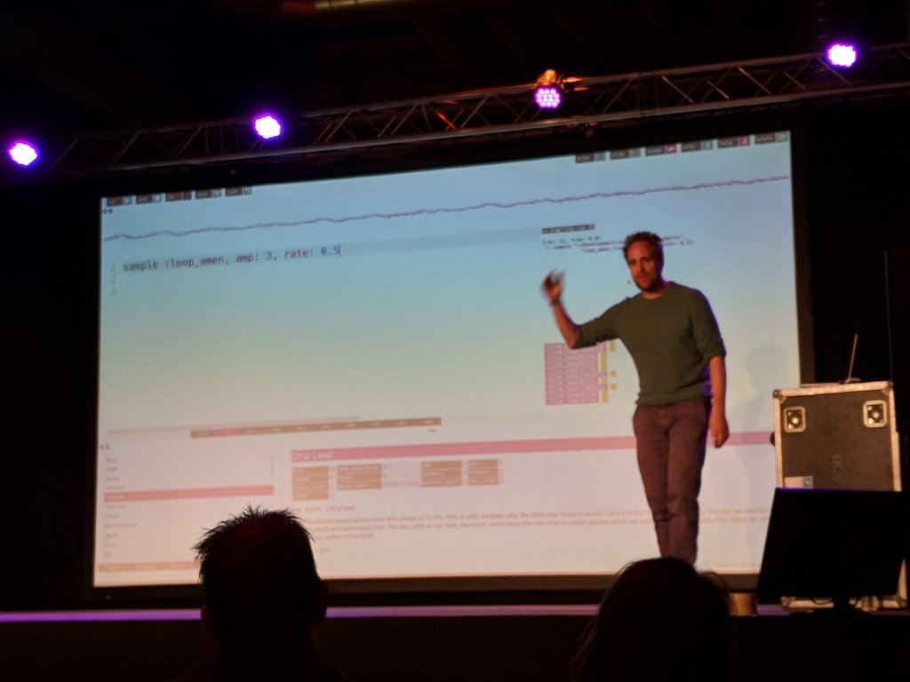 FabLearn's tweet photo. Sam Aaron, creator of Sonic Pi, demonstrating his work at #FabLearnNL18 #FabLearn. A guitar and piano has low floor, high ceiling - technological "musical" tools in schools should be the same. https://t.co/GZeMSq4RZ7