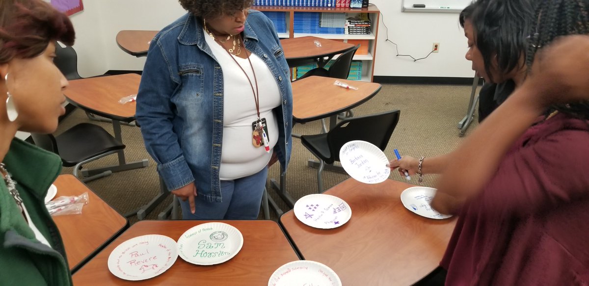 HotRodteaching's tweet image. Making history creative taking bio cards and turning them into dislays.  Table activity to decide which important people can sit by each other based on important information.@CockrellHillLMA 
@desotoisdengage