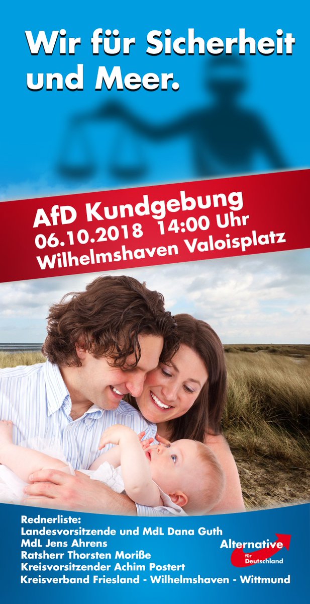 MorisseThorsten's tweet photo. Wir für Wilhelmshaven!!! AfD demonstriert in Wilhelmshaven für mehr Sicherheit und Ordnung Am 06.Oktober 2018 um 14:00 Uhr auf dem Valoisplatz Zentrales Thema: Mehr Sicherheit für Kinder und Frauen und stärkere Präsenz der Behörden. https://t.co/TZLALClfnU