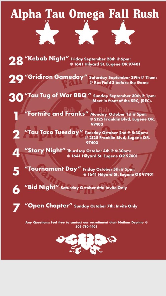 OregonATO's tweet photo. Here's our lineup of events for Fall Rush! Make sure to come to the dugout at 6pm tonight and enjoy some tasty kebab's with the Tau's! Any question you can message our recruitment chair Nathan DePinto 503-780-1404 #rushato. https://t.co/oYtQqDS4LT