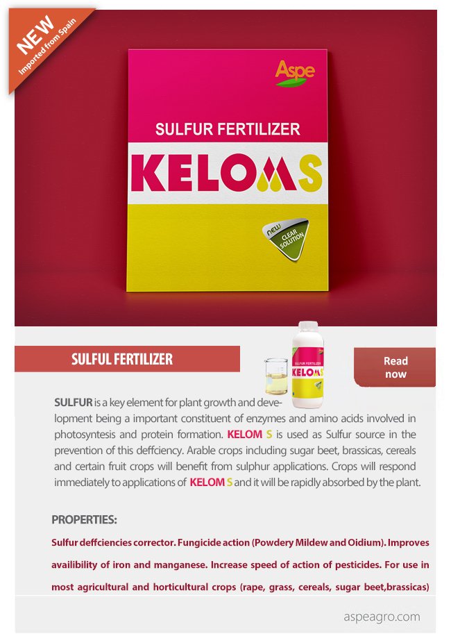 KELOM S acts as a sulfur deficiency corrector, provides fungicide action &amp; improves the availability of iron and manganese along with other benefits.

aspeagro.com/en/news.html