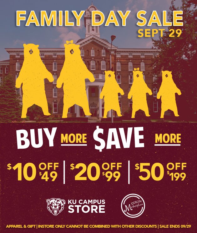 KUCampusStore's tweet photo. ADVANCED NOTICE!⚠️
Family Day Sale! 👨‍👩‍👧‍👦Buy More Save More on Apparel &amp; Gift💵
One Day Only | IN STORE ONLY
KU Campus Store open from 10:00AM-5:00PM https://t.co/JRw7myotZW