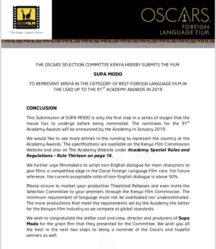FilmLinkAfrica's tweet image. ‘Supa Modo’ has been officially announced as the film to represent Kenya at the 91st Academy Awards 2019, under the Best Foreign Language Film category. 🎬💥 Congratulations to the entire #SupaModo team. @likarion_w @GingerInkFilms 👏🏽👏🏽