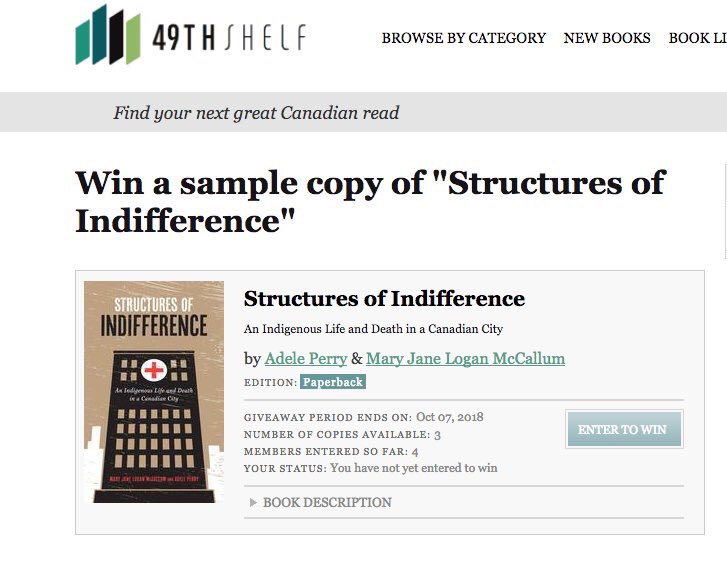 umanitobapress's tweet photo. ICYMI: 49th Shelf is giving away THREE COPIES of @AdelePerry & @MccallumMary's Structures of Indifference! https://t.co/y4x7EAqvx4… #Winnipeg #Indigenoushealth #BrianSinclair https://t.co/qHvcDg062Q