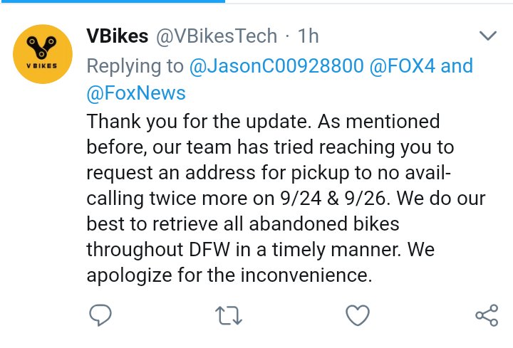 JasonC00928800's tweet photo. With 9/20 being bulk trash pick up and concern @VBikesTech abandoned bike would delay pick up.I appreciate the contact 7 days after the initial tweet 9/18 to recover your property.That didnt help my concern or the responsibility to recover the bike timely. @FOX4 @garlandtxgov https://t.co/RSKuyjJIJe