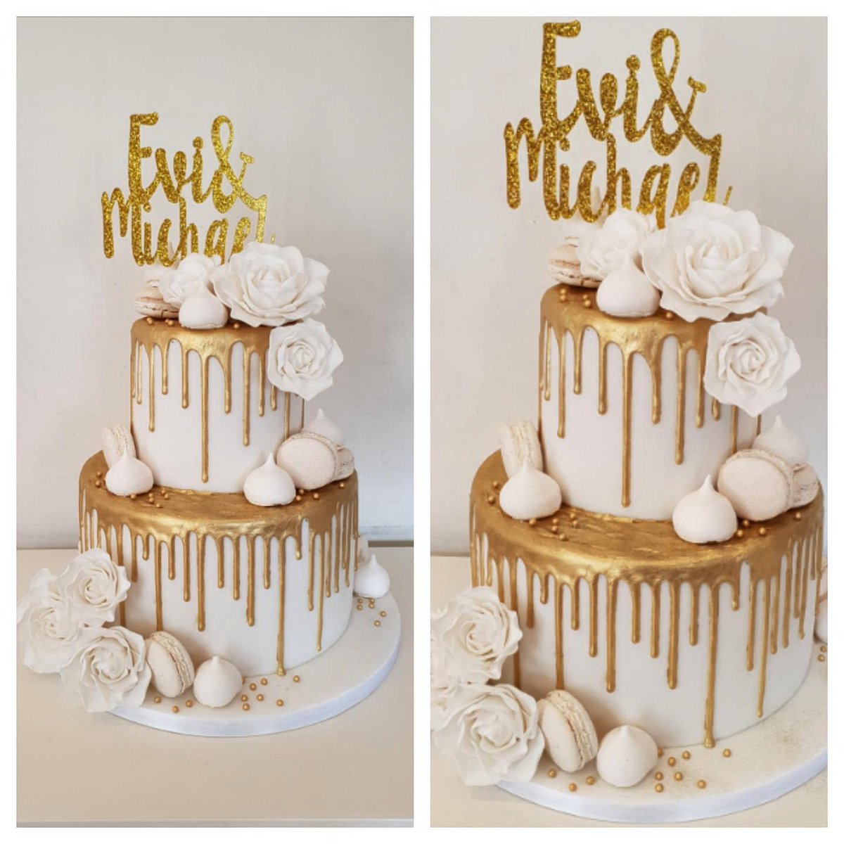 Gold &amp; White drip cake! #dripcake #cake #CakeDecorating #GBBO #gold #white #wedding #happy #alledible #meringuekisses #macarons #sugarflowers #roses #flowers #fondant #celebration #love #birthday #london