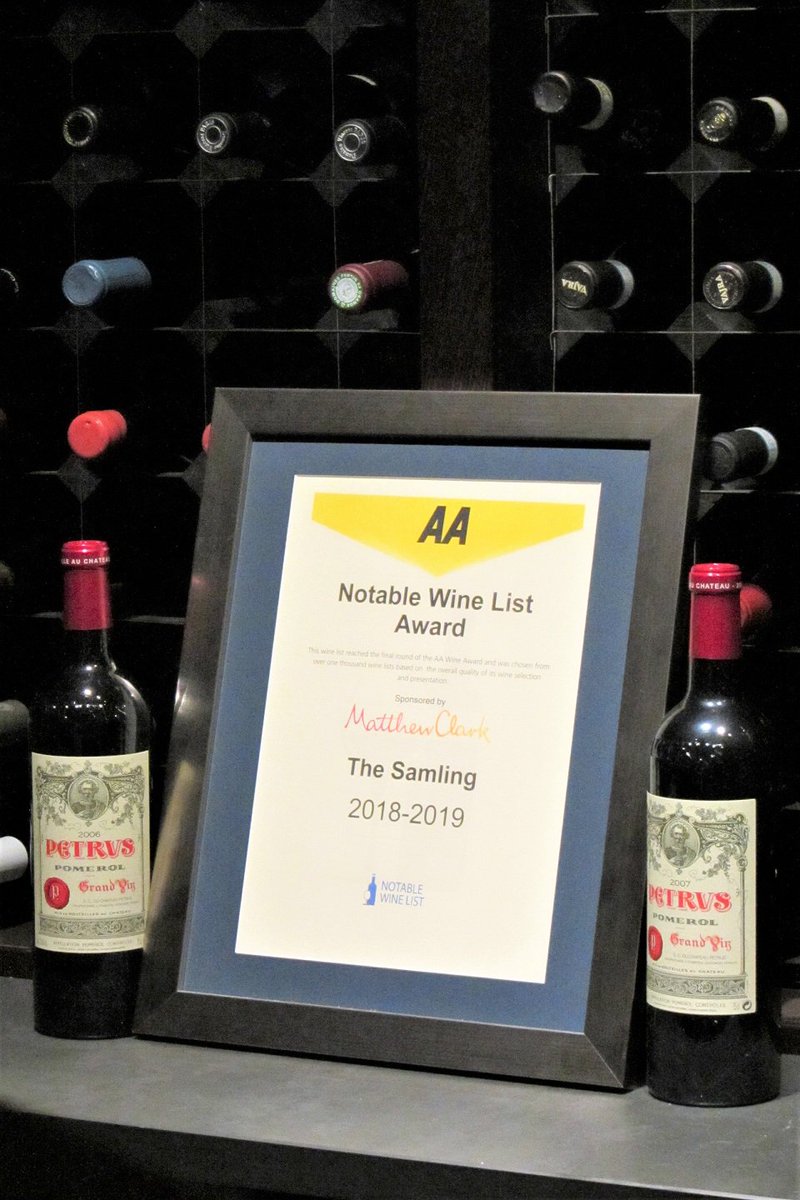 TheSamlingHotel's tweet image. Ending the week with a pleasant surprise - this arrived in the post. An AA Notable Wine List Award 2018-2019. Now taking pride of place in the Wine Cellar. #FineWines #winelists #FridayFeeIing @MatthewClarkLtd @chrisleathy #StaintonWines