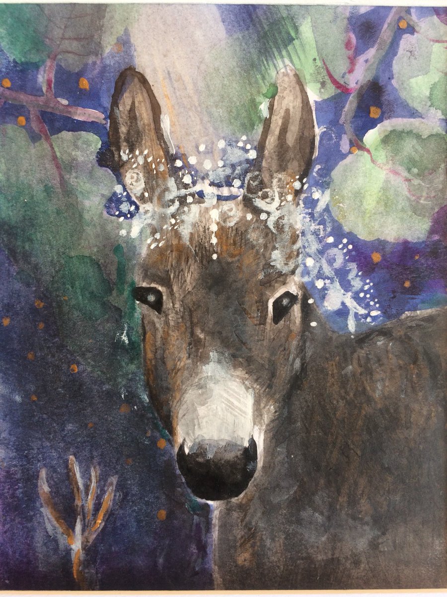 LucyJenko's tweet photo. This donkey with no name went to Lost Village festival and got fairy lights tangled up around her ears.

#donkey
#lostvillage
#festival
#fairylights
#nightsky
#stars
#watercolour
#animalaware
#painting
#lucyjenkinswatercolourist https://t.co/K2NQmNvugu