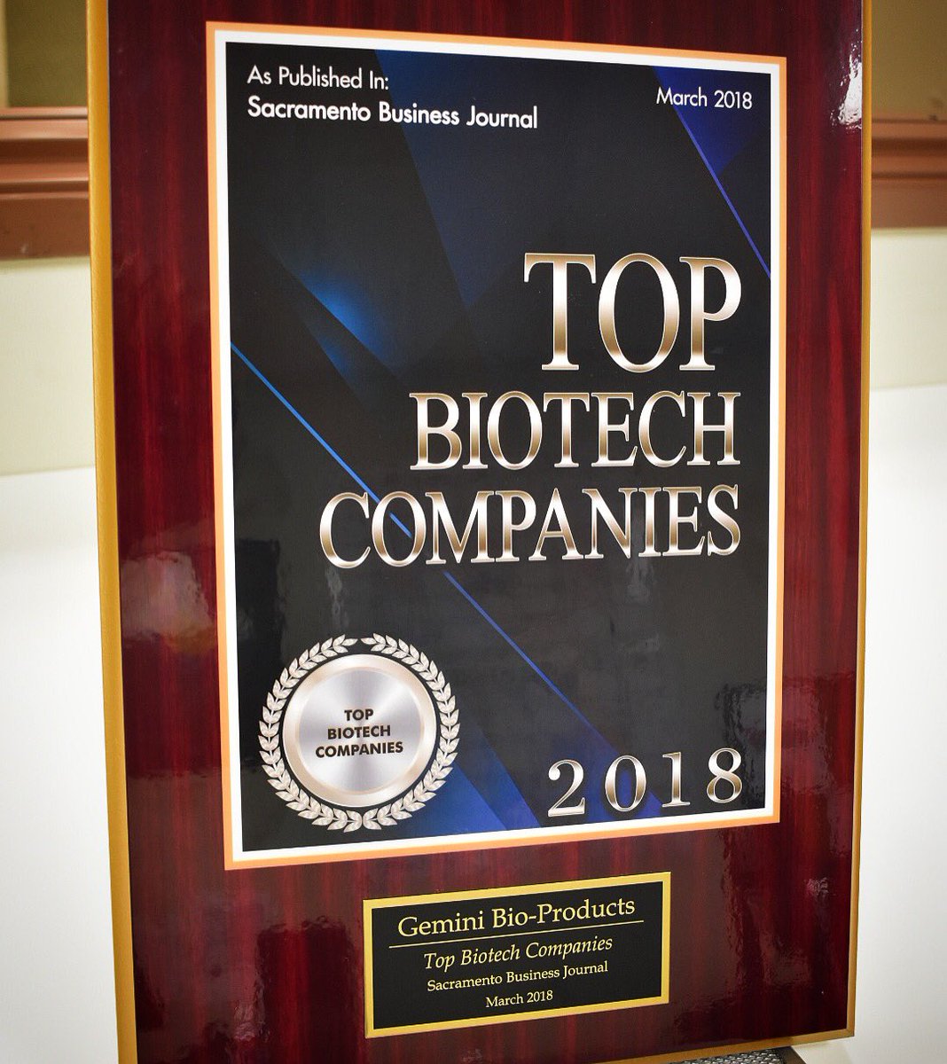 GemBio's tweet photo. Thank you Sacramento Business Journal for awarding us as one of the Top Biotech Companies of 2018!
===============
#biotech #biotechnology #microbiology #science #geminibioproducts #hsab #humanserum https://t.co/OUNzL3ct2f