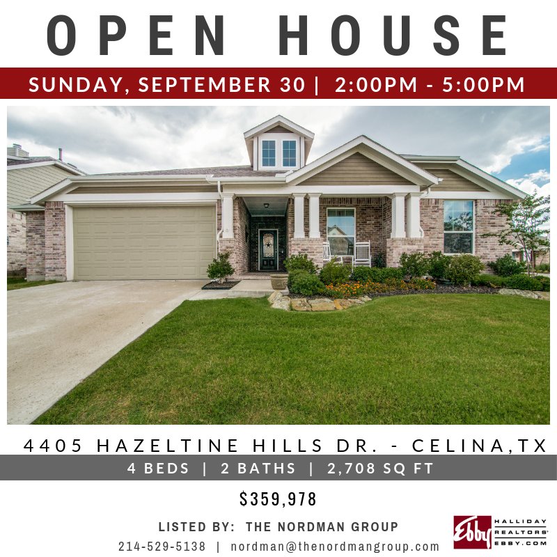 EbbyHallidayPWB's tweet photo. OPEN HOUSE at 4405 Hazeltine Hills Dr. in Celina this Sunday 9/30 from 2-5pm! Take a tour at https://t.co/bZcNipKtt7: https://t.co/HocD1K3Yjh
#DallasHomes #DFWRealEstate #DallasOpenHouse #DallasRealEstate @EbbyHallidayPWB https://t.co/sxAKQQ1jVa