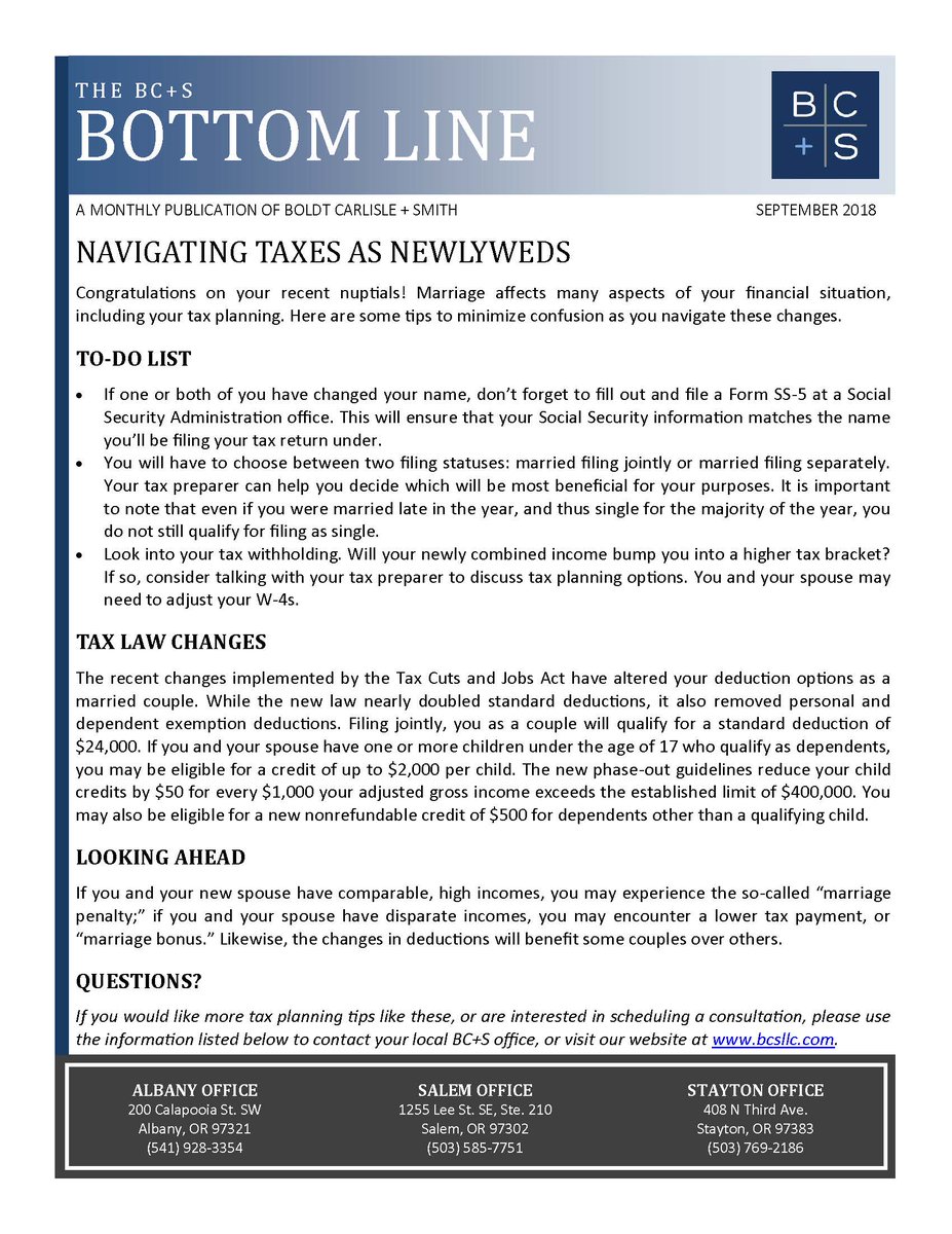 BoldtCarlisle's tweet photo. Did you or someone you know get #married this summer? Check out this month's #BottomLine to discover tax planning tips / reminders for newlyweds. https://t.co/alkaxnUWJj