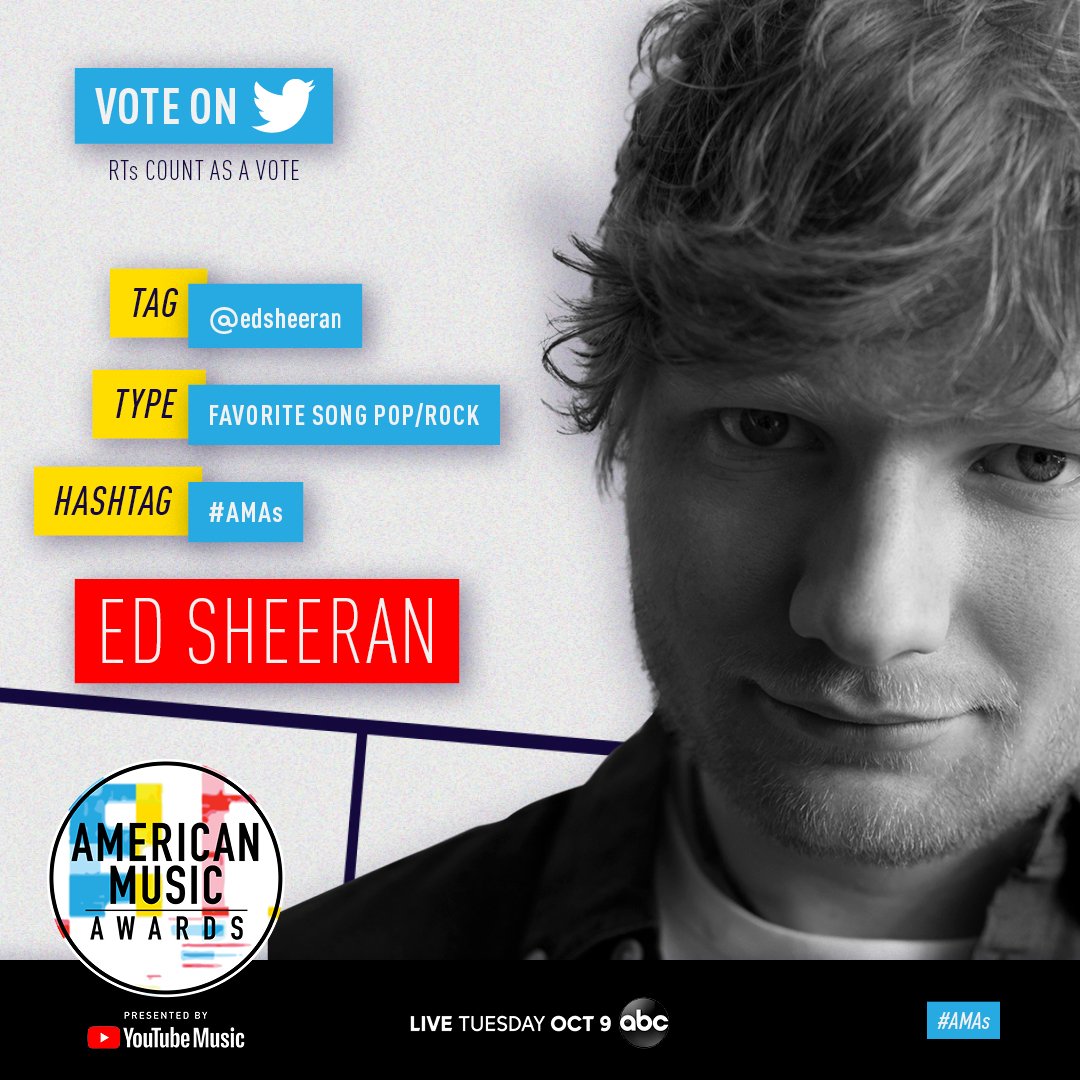 AMAs's tweet photo. .@edsheeran's "Perfect" is the perfect song to win Favorite Song Pop/Rock at the #AMAs! RT to vote for him! https://t.co/M1AgO6VNP9