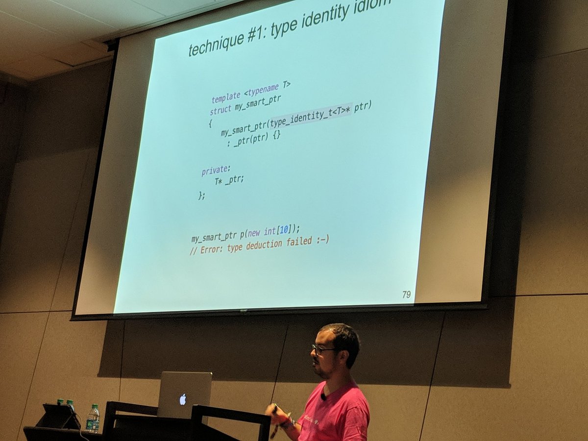 JSAMcFarlane's tweet photo. @timur_audio casually teaching how to avoid bugs using a library feature he pushed through. #cppcon2018 https://t.co/DkfkIfxQO8