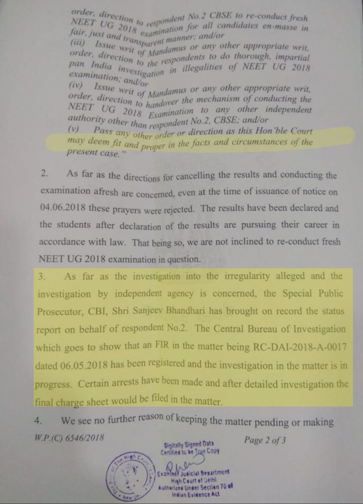 Vivekpandey21's tweet photo. मेरे द्वारा किये गये #NEET 2018 पेपर लीक केस पर कोर्ट ने #CBI की जाँच में दखल देने से मना कर दिया। मैने कोर्ट के सामने FIR कॉपी से लेके सारे तथ्य रखे पर फ़िर भी CBI से स्टेटस रिपोर्ट क्यों नही मांगी गई मेरी समझ के परेह है । IPC की धारा 120B, 511, 420 के तहत कई अरेस्ट भी किए गये https://t.co/TznfmYD7kQ
