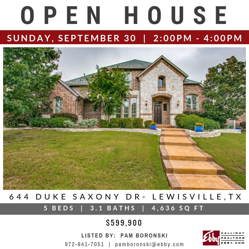 EbbyHallidayPWB's tweet photo. OPEN HOUSE at 644 Duke Saxony Dr. in Lewisville this Sunday 9/30 from 2-4pm! Take a tour at https://t.co/bZcNipKtt7: https://t.co/gHi06Fon7N

#DallasHomes  #DFWRealEstate  #DallasOpenHouse  #DallasRealEstate  @EbbyHallidayPWB https://t.co/zzJn40eVBc