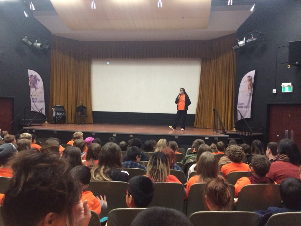 Sheldonadvocate's tweet photo. Orange shirt day 2018 Sheldon-Williams Collegiate at Royal Sask. Museum, also thank you to Gary Gott.  #legacyofresidentialschools  @RegPublicSchool @SheldonWillColl @sarahlongman1 https://t.co/KiorzyLcIC
