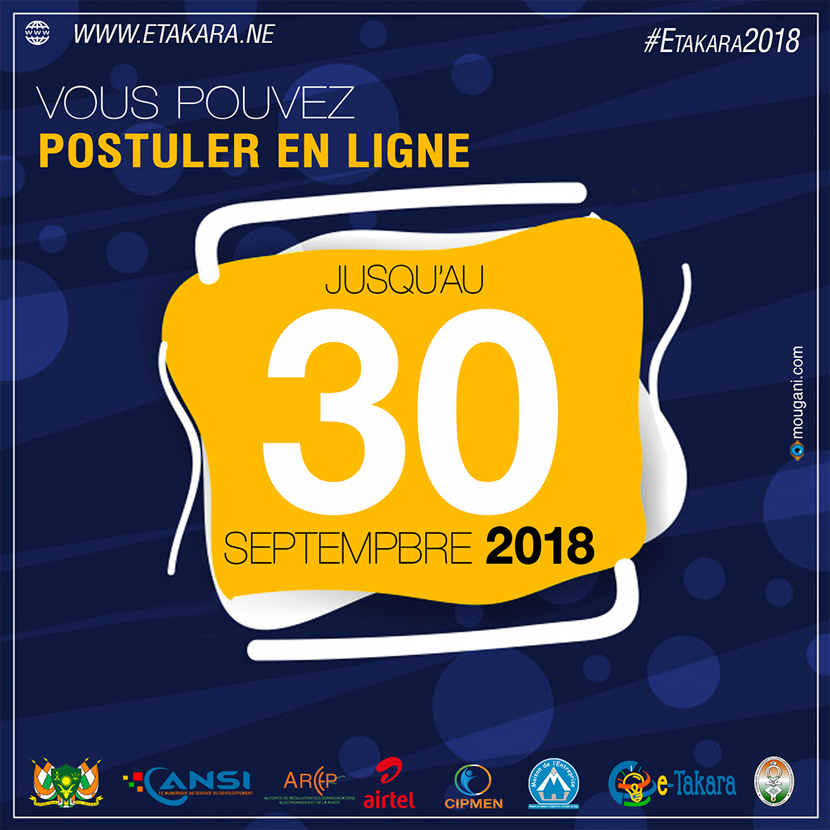 Tic tac… Plus que 2 jours avant la clôture de l'appel à la canditature #eTakara2018. Faites vite soumettez-nous votre projet sur le etakara.ne. 
Cc <a href="/AnsiNiger/">ANSI-Niger</a> <a href="/MDE_Niger/">La Maison de l'Entreprise du Niger (MDE)</a> <a href="/Cipmen/">Incubateur CIPMEN</a> <a href="/GouvNiger/">Gouvernement du Niger 🇳🇪</a> @ArcepNiger
