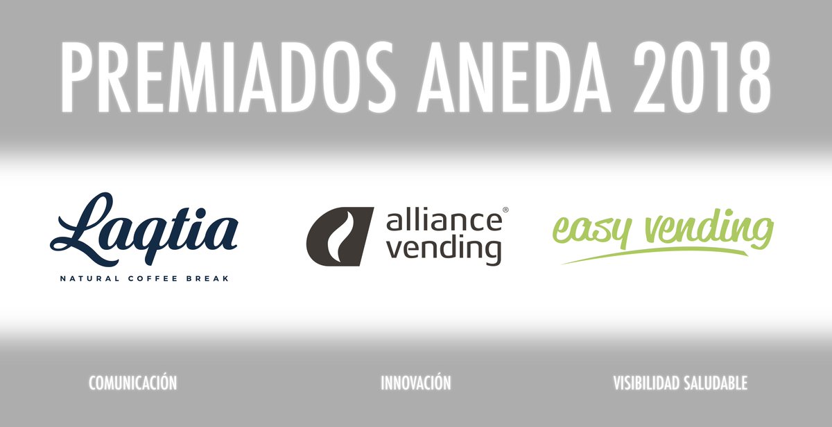 anedavending's tweet photo. Terminamos el mes recordando nuestros grandes premiados ANEDA 2018 : @Laqtia en la categoría de Comunicación, @AllianceVending en Innovación y @easy_vending en Visibilidad Saludable. https://t.co/FdxIdglszV