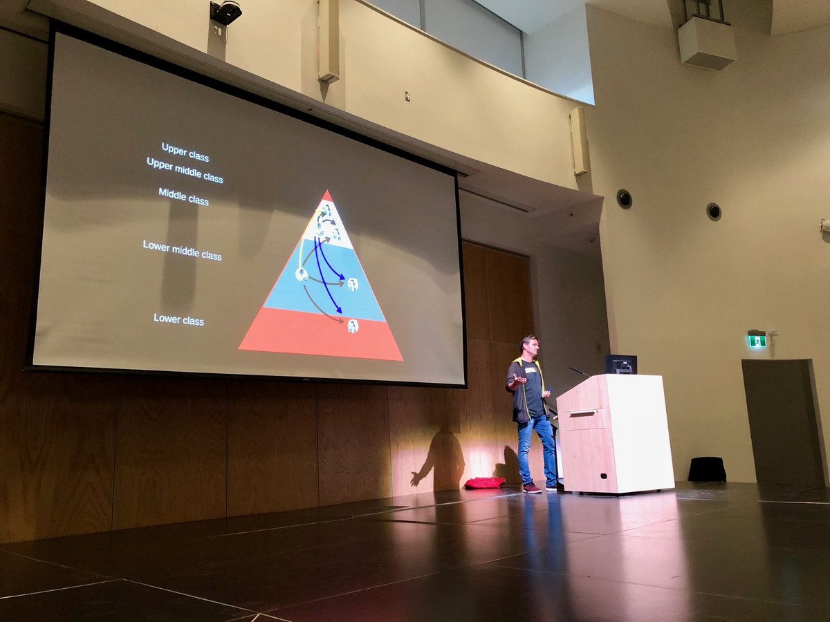 Laszlo Laufer stands on a stage in front of a slide that shows a socioeconomic pyramid