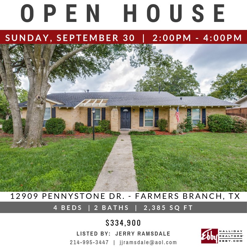EbbyHallidayPWB's tweet photo. OPEN HOUSE at 12909 Pennystone Dr. in Farmers Branch this Sunday 9/30 from 2-4pm! Take a tour at https://t.co/bZcNipKtt7: https://t.co/XtS7sHa8ek

#DallasHomes  #DFWRealEstate  #DallasOpenHouse  #DallasRealEstate  @EbbyHallidayPWB https://t.co/H3ISZTFx5W