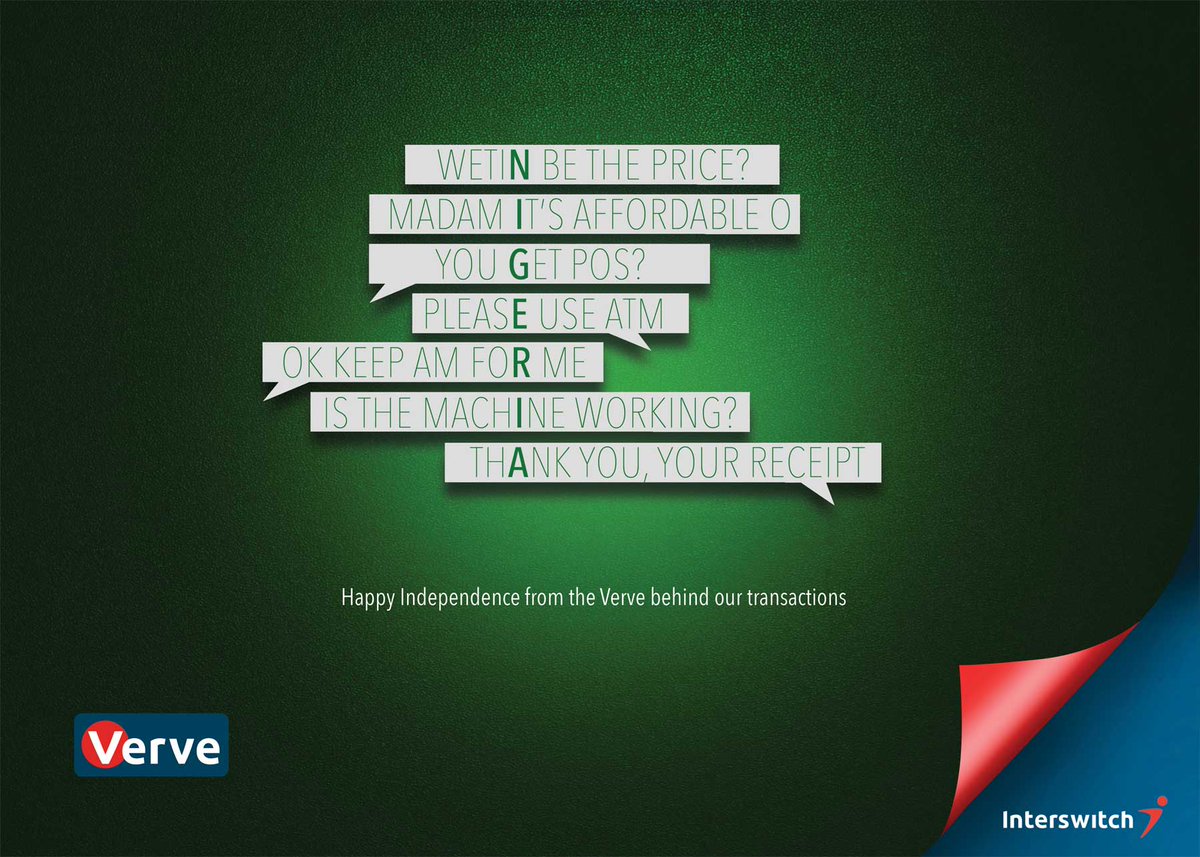 VerveCard's tweet photo. Nothing beats the way we roll in #Naija! Use your @VerveCard to enjoy #VerveRewards this #Independence weekend! Happy Anniversary Naija!!! #nigeria #naija #independence #october1 #anniversary #verve #payments #transaction #pidgin https://t.co/Qv1lByi4Tk