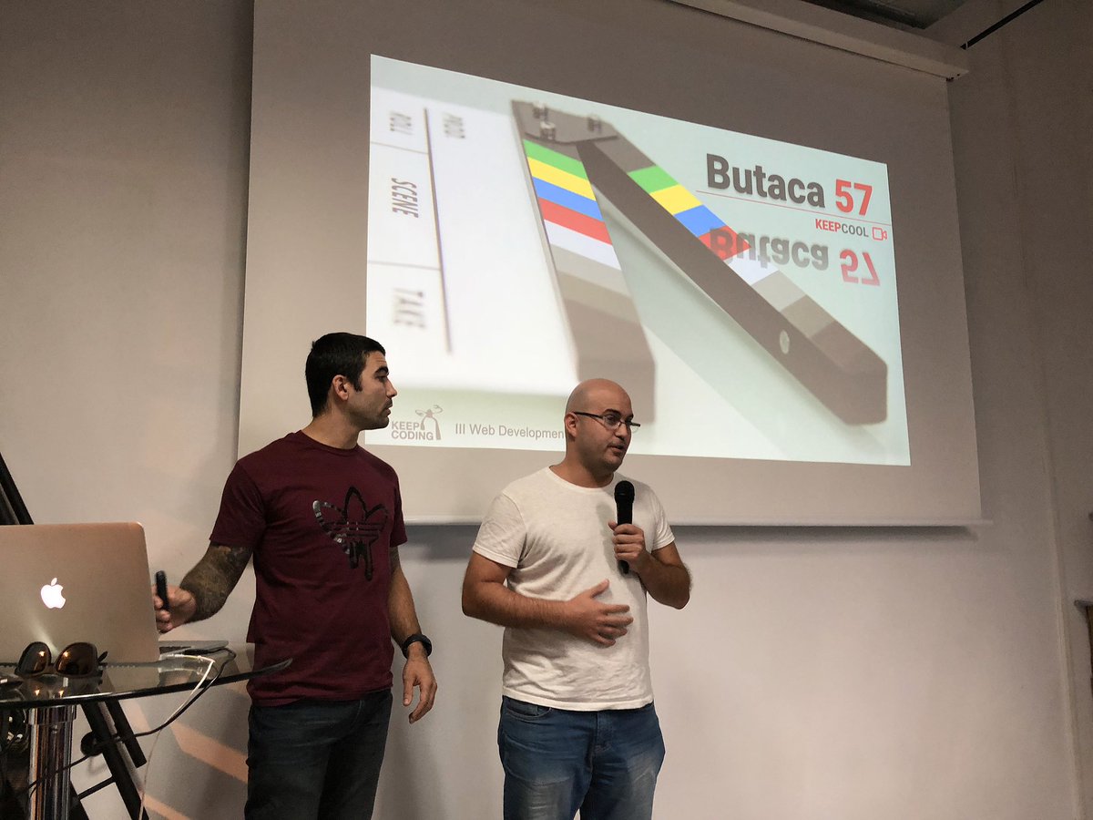 KeepCoding_'s tweet photo. El director del Bootcamp Web @KasAppeal presenta el proyecto Butaca 57 con David Serrano y Luis Rosales. #closingkc https://t.co/v5jgnNjdPQ