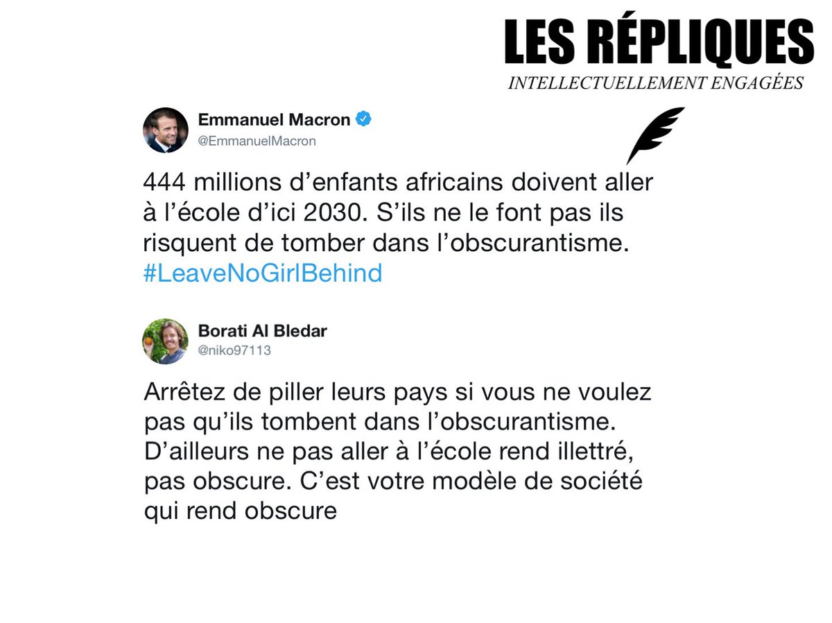 Les_Repliques's tweet photo. Selon le président @EmmanuelMacron l'Afrique doit scolariser "444 millions d'enfants" sinon le continent risque "de tomber dans l'obscurantisme"

@niko97113 https://t.co/izxwYlj3XA